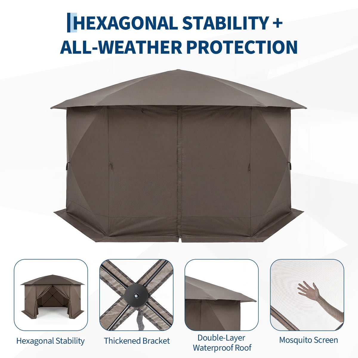 Starry Sky Shed Outdoor Tent with Eaves Hexagonal 13x13FT with 6-sided Screen Khaki/Green 210D Oxford Cloth Large Folding Canopy Screen Tent Ind Cloth, Bite-Proof Mesh, Carry Bag, Easy Setup Outdoor Shelter for Patio, Backyar