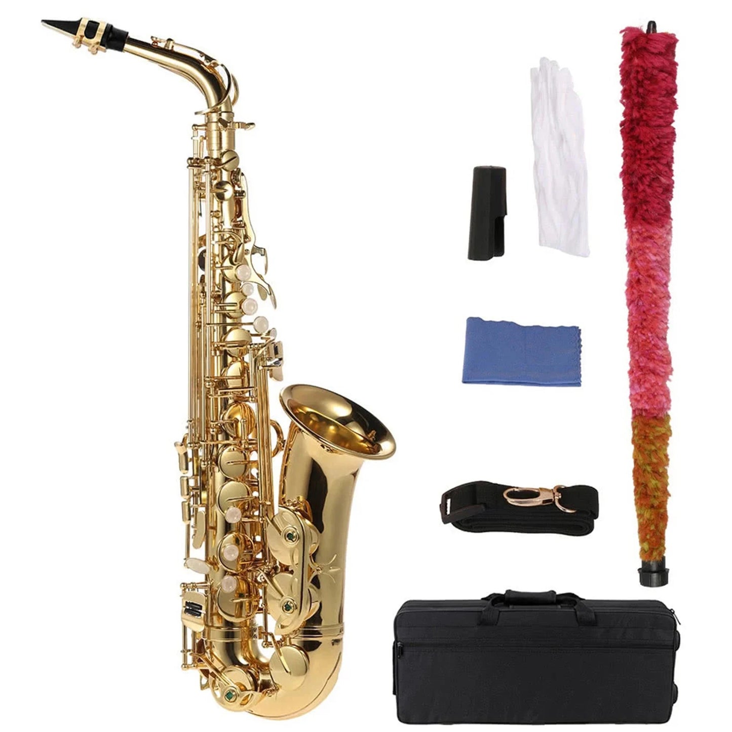 US Eb Alto Saxophone Brass Lacquered Gold E Flat Sax 802 Key Type Woodwind Instrument Cleaning Brush Cloth Gloves Strap Padded