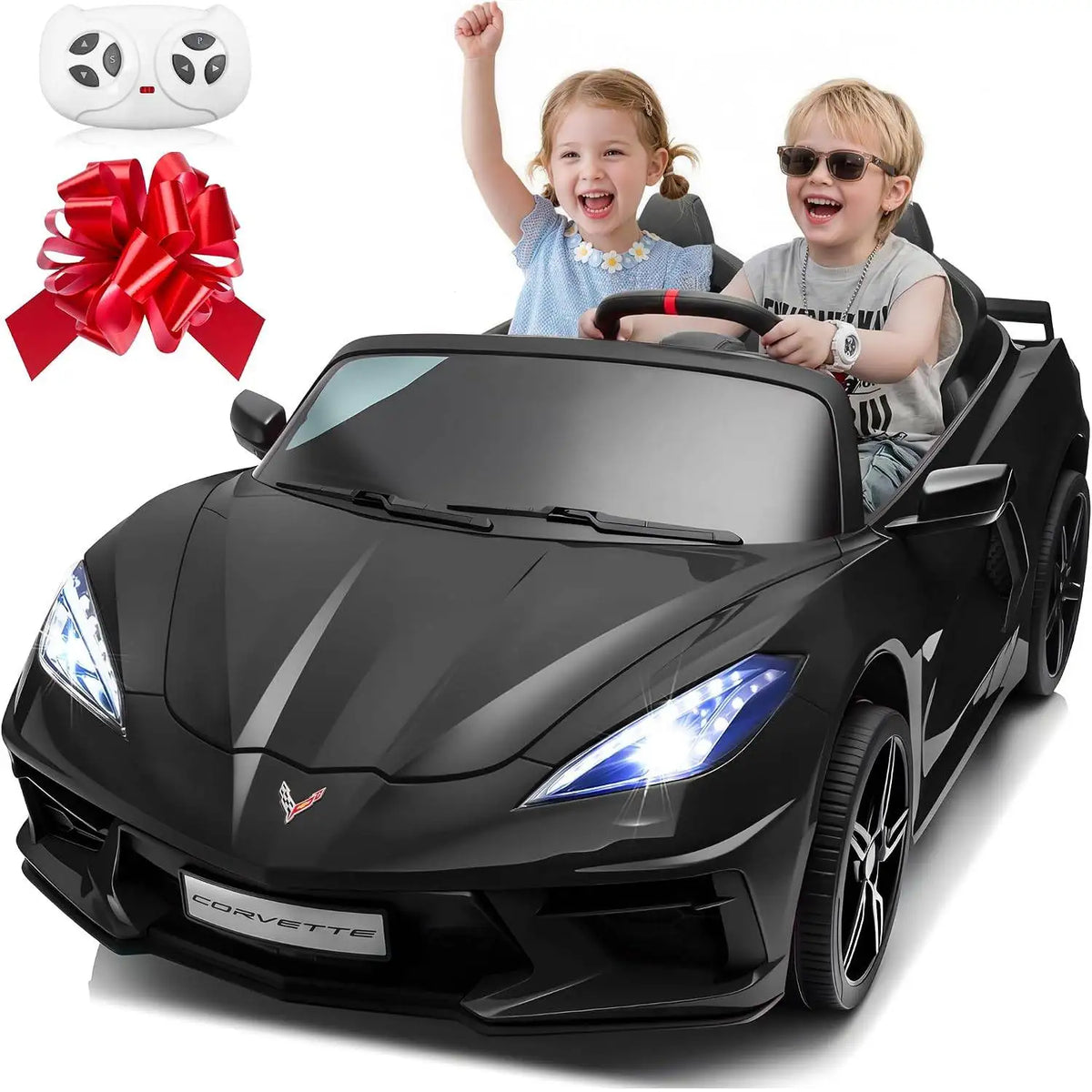 Licensed Corvette 24V Kids Ride On Car 4WD/ 2WD 2 Seater Electric Toy Vehicle, 4x200W Motors, Parent Remote Control, 10" Light Wheels, Dual Drive Modes, Bluetooth Music, XL Large Size Kids Ideal Christmas Halloween Gift for K