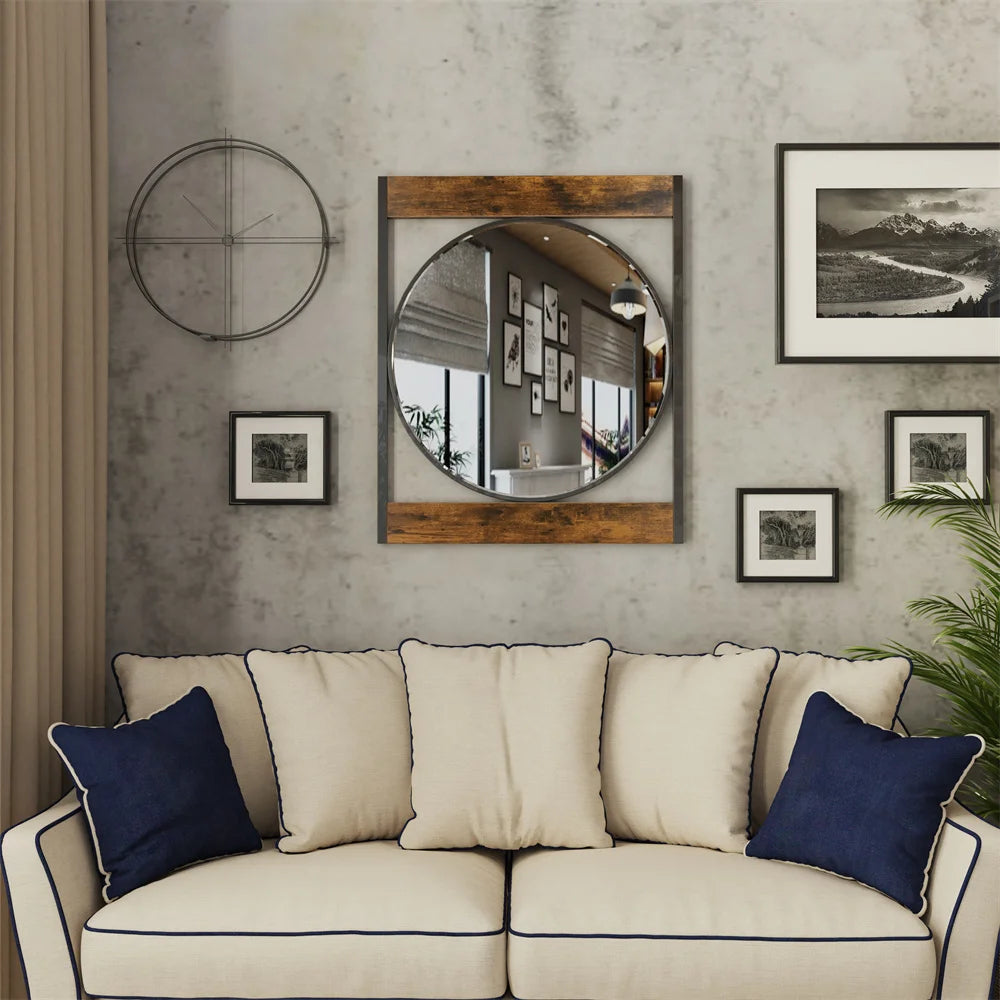 LUVODI Industrial Retro Decorative Wall Mirror Round Accent Mirror with Square Wood Frame for Wall Decor