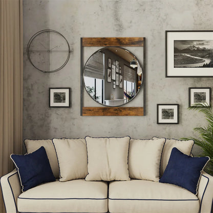 LUVODI Industrial Retro Decorative Wall Mirror Round Accent Mirror with Square Wood Frame for Wall Decor