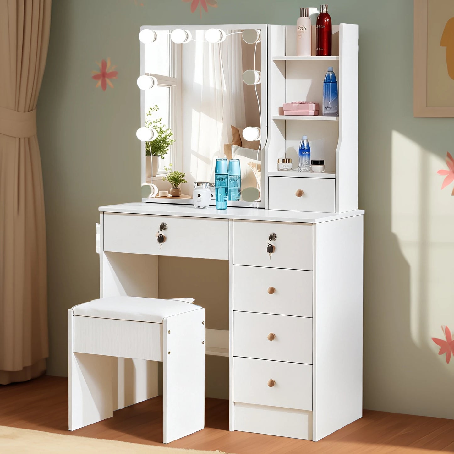 White LED Dressing Makeup Table Bedroom Vanity Set with LED Mirror Stool Drawers