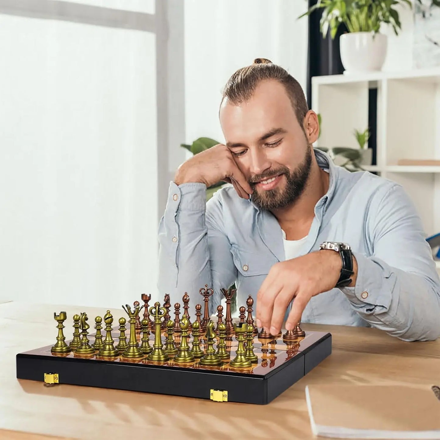 Vintage Metal Chess Set, 15' Wooden Board with Retro Chess Pieces – Travel Friendly Collectible Game for Adults & Kids
