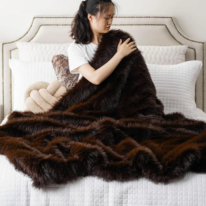 Luxury Brown Faux Fur Throw Blanket, Large Soft Warm Cozy Fuzzy Fluffy for Bed Home Decor King Size 60x80