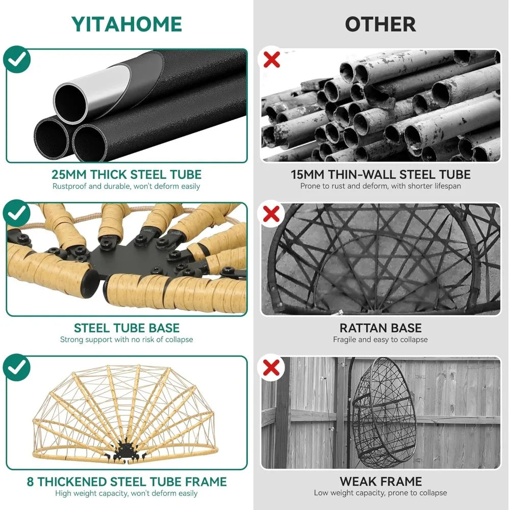 Patio Love Seat Double Egg Chair with Stand, 2 Person Couple Wicker Rattan Chair Outdoor Egg Chair with Cushion 500 Lbs, Beige