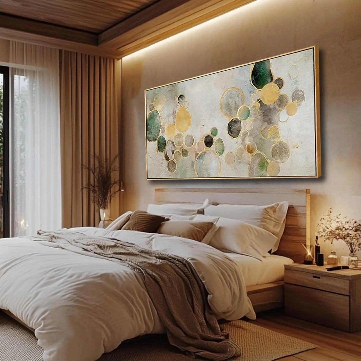 Abstract Gold Circle Canvas Wall Art, Green Framed Painting 29x58 Inches for Living Room Bedroom Office Decor