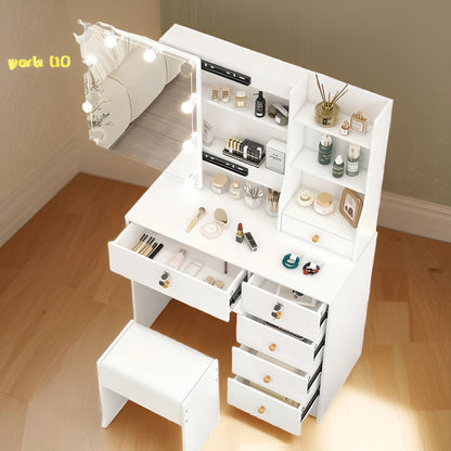 White LED Dressing Makeup Table Bedroom Vanity Set with LED Mirror Stool Drawers