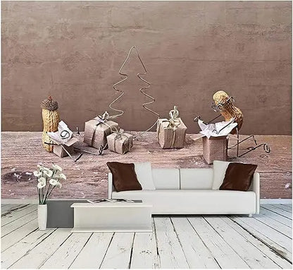 Miniature Peanut People Christmas Presents Unpacking Large Removable Self-Adhesive Wall Mural - Festive Holiday Wall Art Decor
