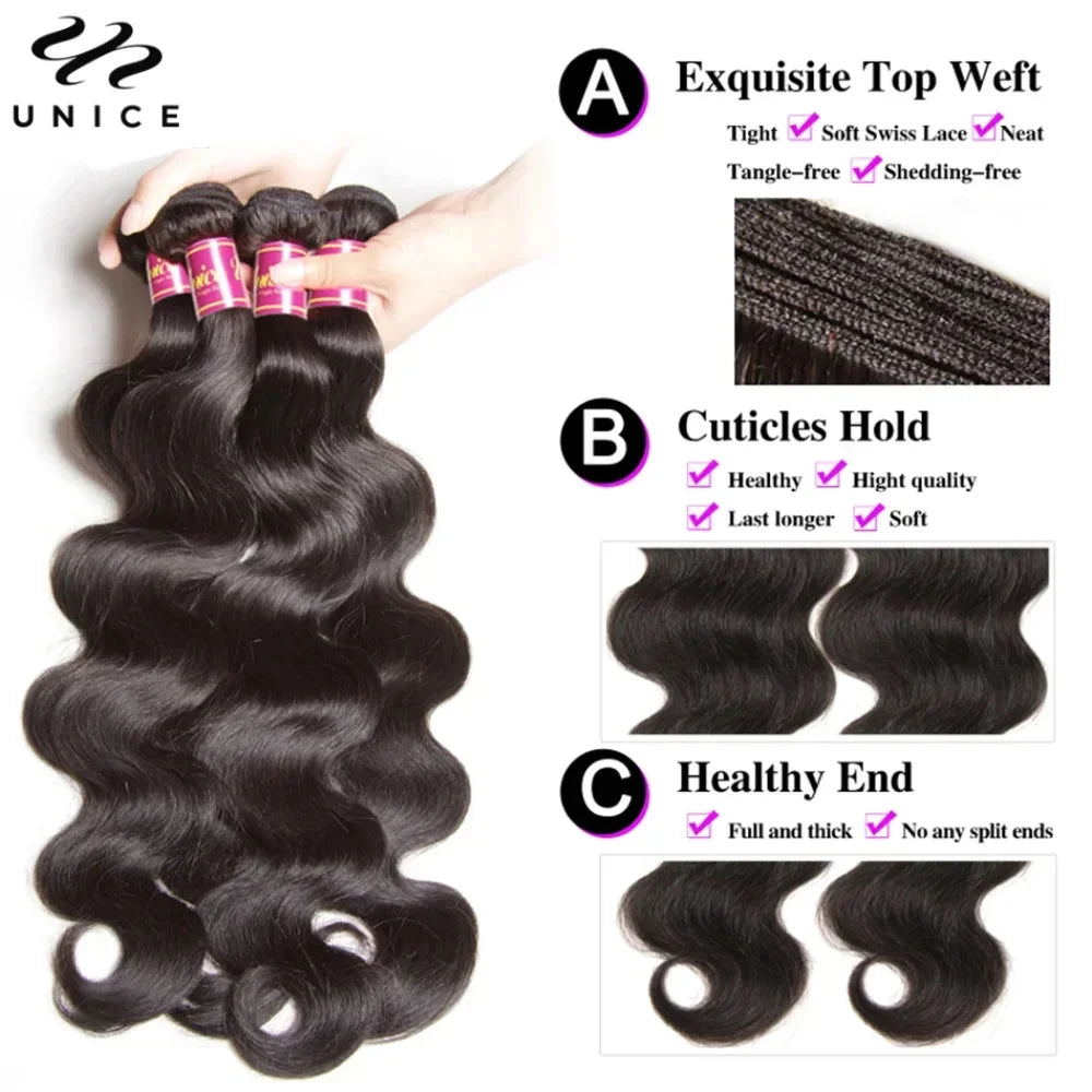 UNice Body Wave Bundles 1/3/4 PCS Natural Color 100% Human Hair Bundles 100Grams Per Bundle Sew In Weaves Hair Extensions