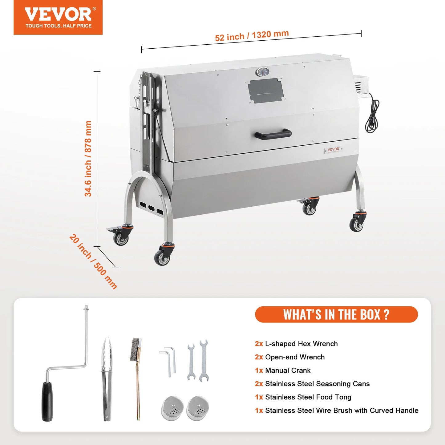 VEVOR Rotisserie Grill with Hooded Cover BBQ Whole Pig Lamb Goat Charcoal Spit Grill Electric 52W Motor Stainless Steel Roaster