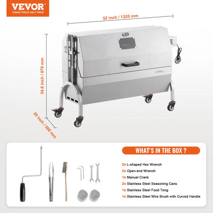 VEVOR Rotisserie Grill with Hooded Cover BBQ Whole Pig Lamb Goat Charcoal Spit Grill Electric 52W Motor Stainless Steel Roaster