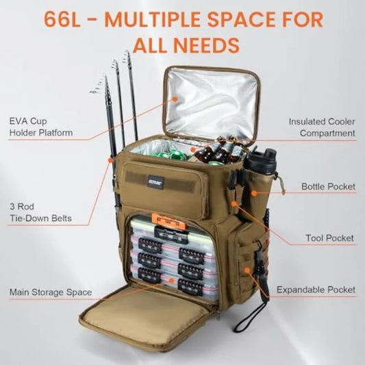 66L Rolling Tackle Box with Cooler Large Fishing Bag with Wheels for 5 3700 Trays Trays Not Included Saltwater Resistant Tackle