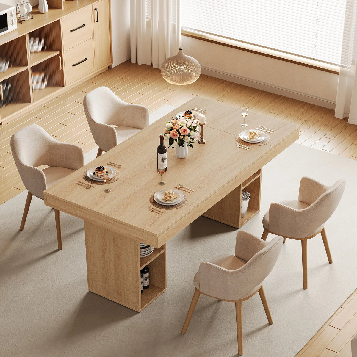 Wood Grain Dining Table with Built-in Side Storage Shelves, Multifunctional Rectangular Kitchen Dinner Table with Open Compartments for Dining Room