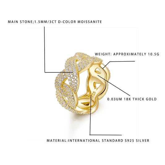 3CT D-Color Moissanite Ring S925 Silver 0.03UM 18K Thick Gold Plated Braided Design Jewelry