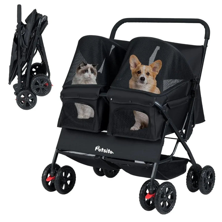 Foldable Double Pet Stroller for 2 Puppies Cats Black 2-Seater Carrier with Adjustable Sunshade Removable Pad Safety Belt Stora