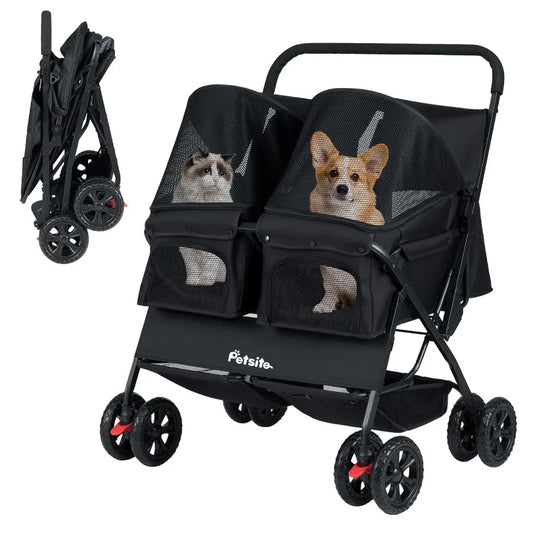 Foldable Double Pet Stroller for 2 Puppies Cats Black 2-Seater Carrier with Adjustable Sunshade Removable Pad Safety Belt Stora