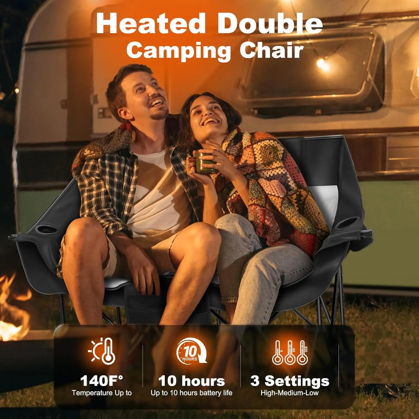 Heated Folding Camping Chair, 3 Heat Levels, Dual Switches, Supports 550 lbs