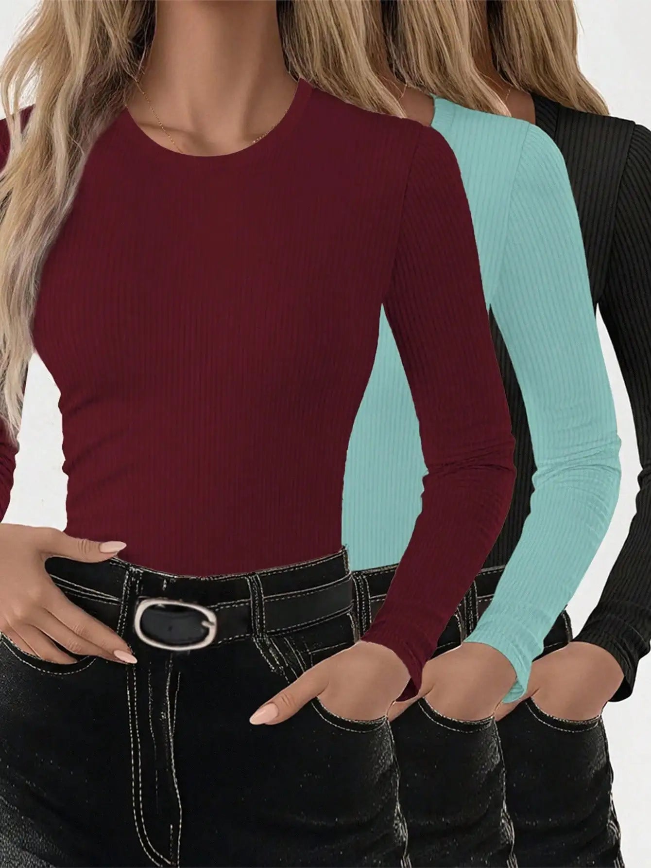 3pcs Women's Solid Ribbed Long Sleeve Crew Neck T-Shirts for Casual Wear