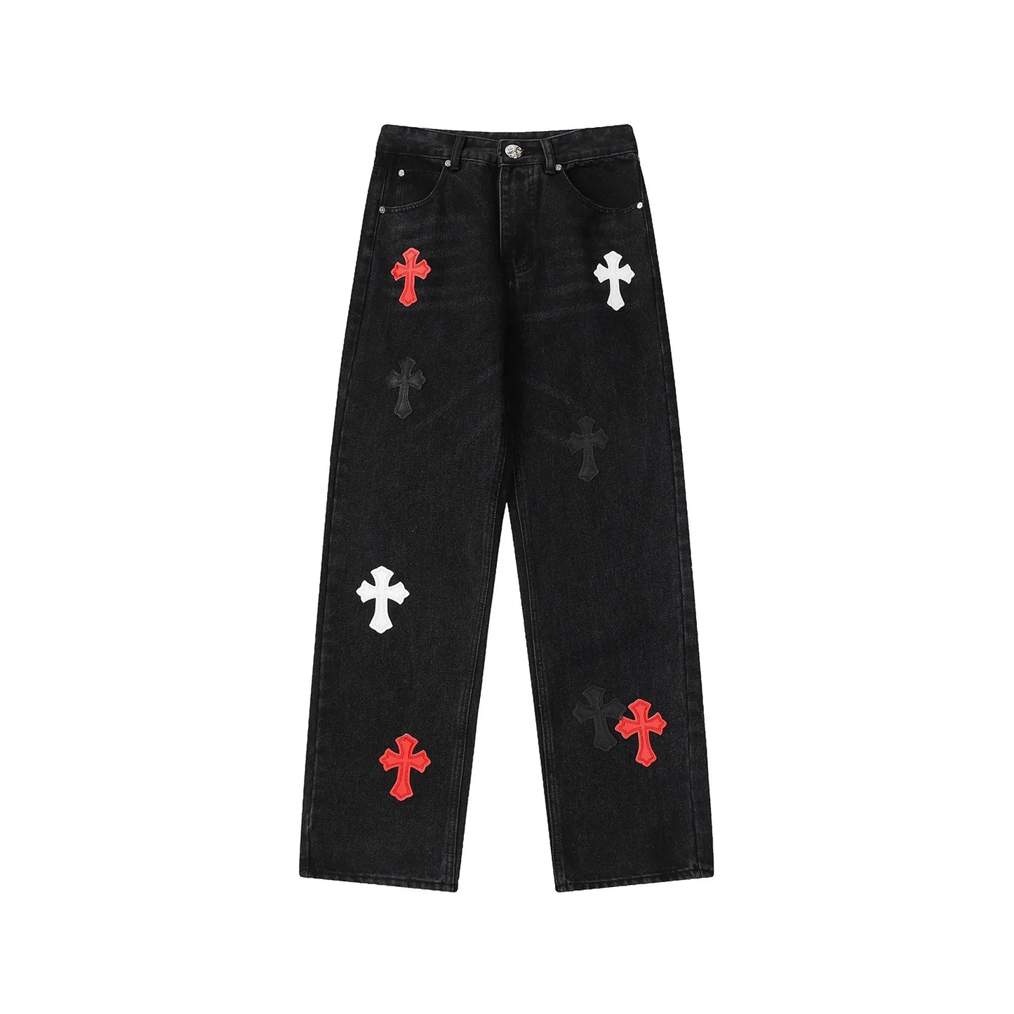 Classic Luxury Brand Men Women Leather Jeans Totem Patch Casual Pants Fashion Metal Embellished Couple Wear 2025