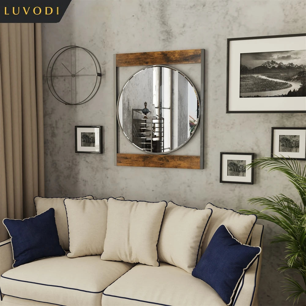 LUVODI Industrial Retro Decorative Wall Mirror Round Accent Mirror with Square Wood Frame for Wall Decor