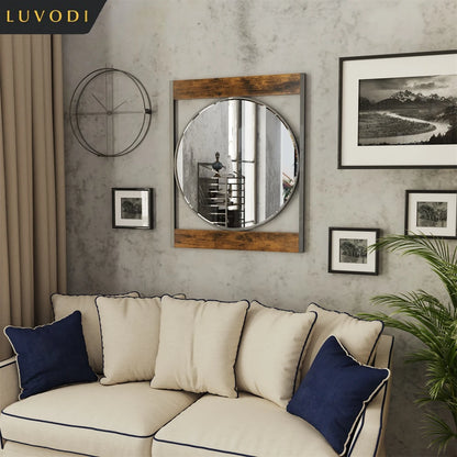LUVODI Industrial Retro Decorative Wall Mirror Round Accent Mirror with Square Wood Frame for Wall Decor