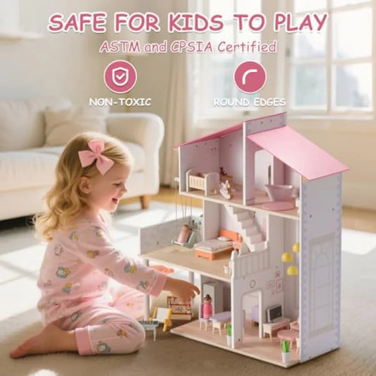 Wooden Dollhouse for Girls, Modern Family Doll House with 37Pcs Furniture & Accessories, 3-Story Pretend Playhouse Toy Gift for