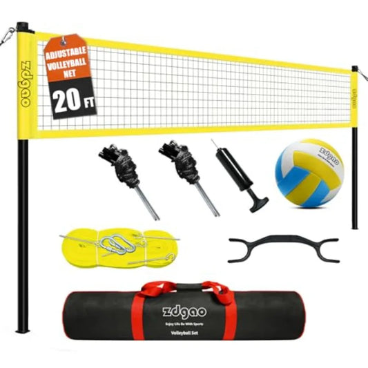 Outdoor Portable Volleyball Net System - Adjustable Hght Poles with Soft Volleyball Ball Pump Hammer Boundary Line and Carry Ba