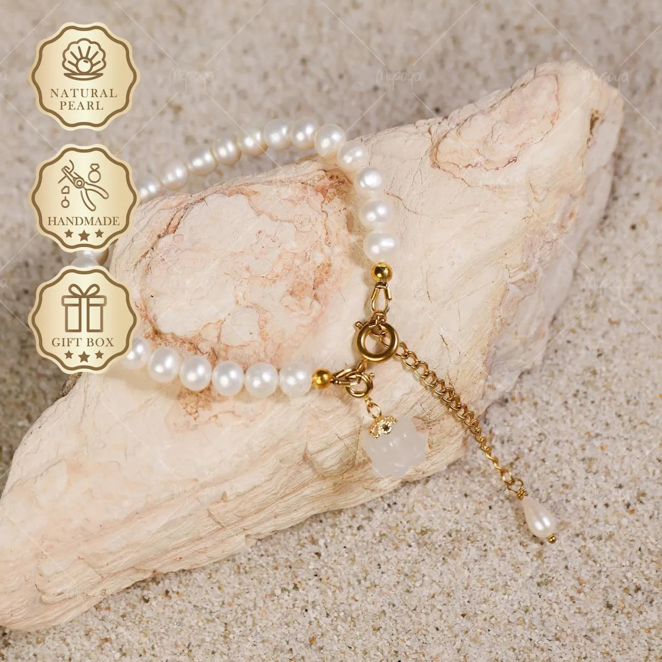 Mysoya White Freshwater Pearl Bracelet 6-7mm Lily of the Valley Pendant Golden Extender Gift Box Valentine's Day Birthday