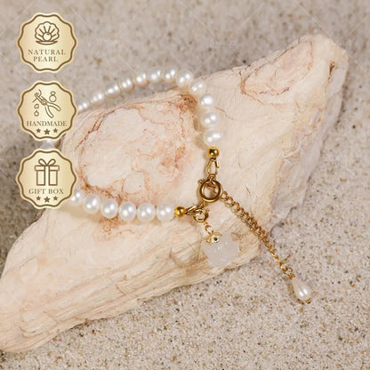 Mysoya White Freshwater Pearl Bracelet 6-7mm Lily of the Valley Pendant Golden Extender Gift Box Valentine's Day Birthday