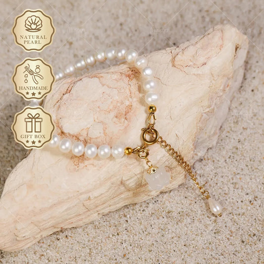 Mysoya White Freshwater Pearl Bracelet 6-7mm Lily of the Valley Pendant Golden Extender Gift Box Valentine's Day Birthday