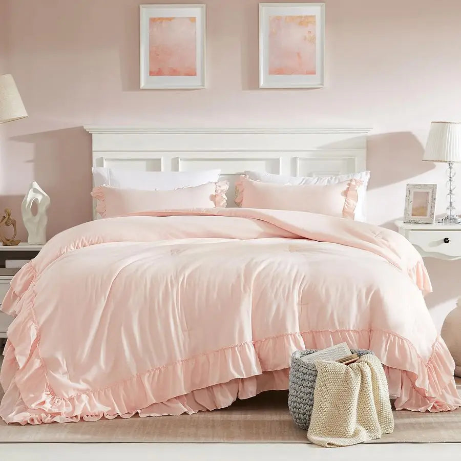 Blush Pink Comforter Set Queen, 3Pcs Comforters Queen Size Ruffle Farmhouse Bedding Sets Queen with Comforter, Lightweight Soft