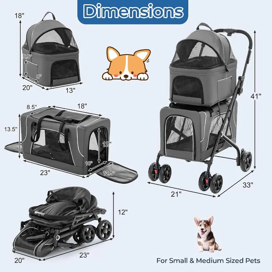Double Dog Stroller for 2 Dogs Detachable Carriers Safety Belt 4 Lockable Wheels Pet Travel Carrier Strolling Cart Folding Cat