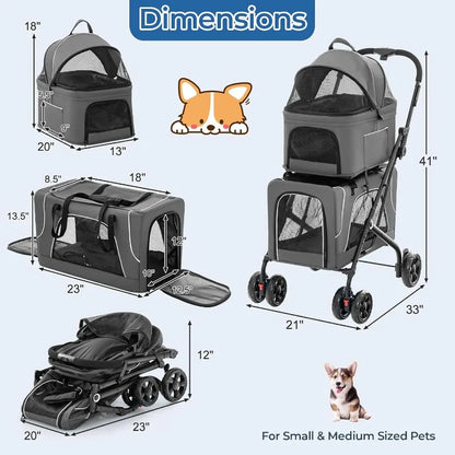 Double Dog Stroller for 2 Dogs Detachable Carriers Safety Belt 4 Lockable Wheels Pet Travel Carrier Strolling Cart Folding Cat