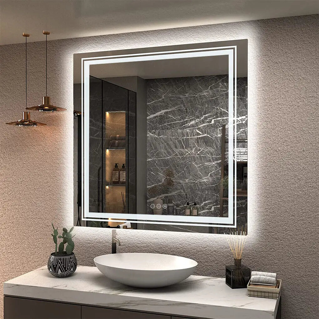 LUVODI Dimmable LED Bathroom Wall Mirror Square Illuminated Makeup Mirror with Defog Feature for Vanity