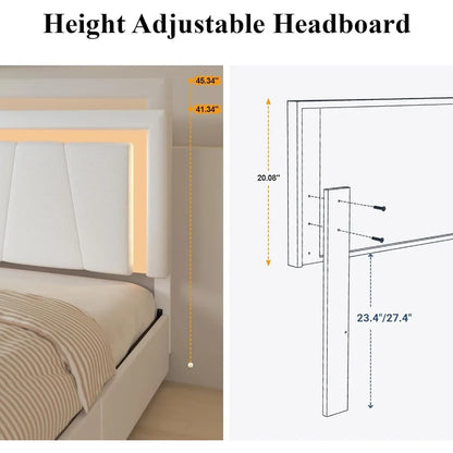 Full Bed Frame with 4 Storage Drawers and Adjustable Headboard, Upholstered Platform Bed with LED Lights and USB Ports, Solid Wo