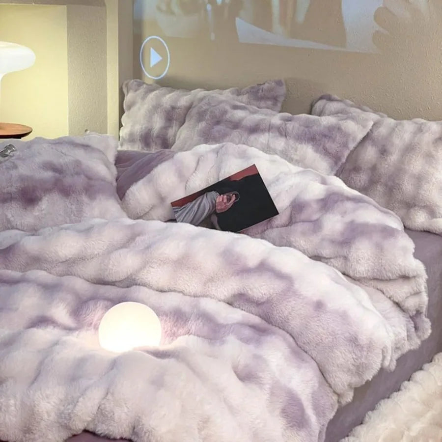 Queen Size Purple Fluffy Plush Shaggy Bedding Set 4 Pieces Super Soft Thick Winter Reversible Duvet Cover Set with 1 Duvet Cove