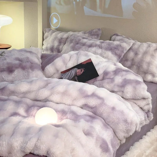 ZYFAB Fluffy Plush Shaggy Bedding Set 4 Pieces Super Soft Winter Reversible Duvet Cover Set in Purple King Size with Thick Comf