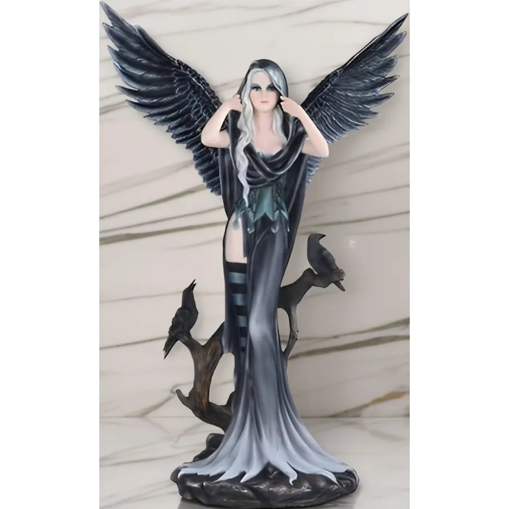 Fantasy Dark Angel Fairy Statue with Two Crows, 24H Large Decorative Sculpture for Home Garden