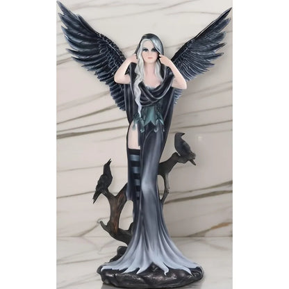 Fantasy Dark Angel Fairy Statue with Two Crows, 24H Large Decorative Sculpture for Home Garden