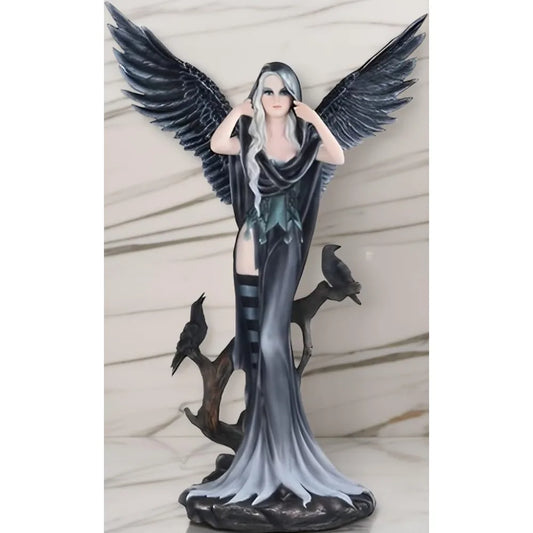 Fantasy Dark Angel Fairy Statue with Two Crows, 24H Large Decorative Sculpture for Home Garden