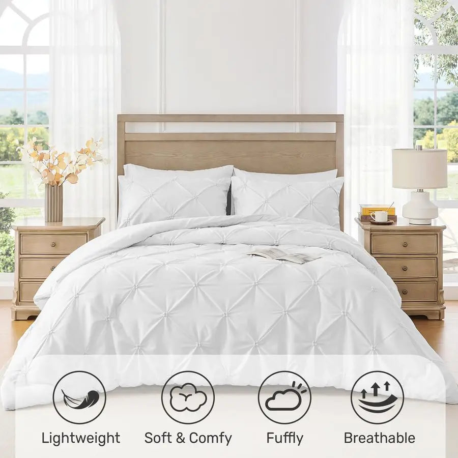 Queen Comforter Set White Ultra Soft Boho Pintuck Down Alternative Bedding Set for Winter, All Seasons, 3 Pieces Lightweight War