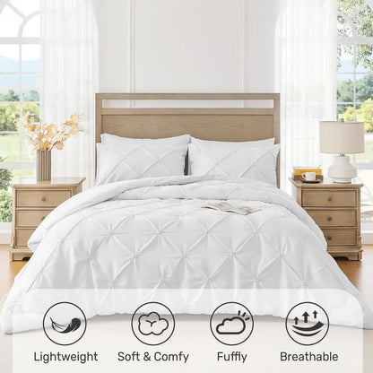 Queen Comforter Set White Ultra Soft Boho Pintuck Down Alternative Bedding Set for Winter, All Seasons, 3 Pieces Lightweight War