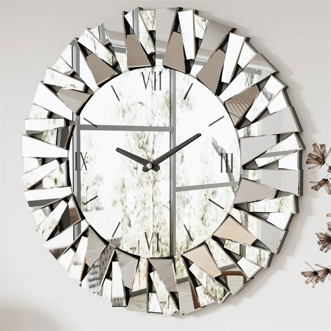 Large Wall Clock 3D Mirrored Clocks Sunburst Edge 32"/80CM Round Roman Numeral Modern Living Room Dining Room Fireplace Decor