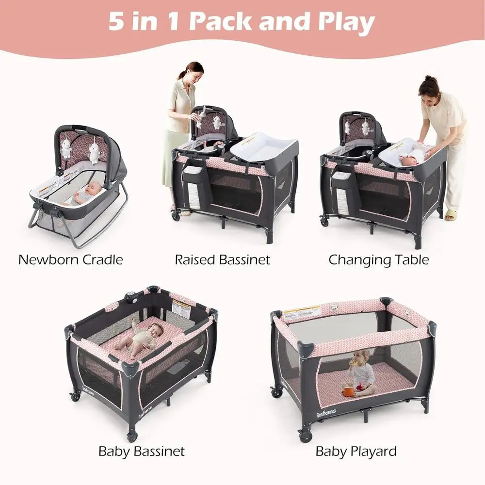 Portable Baby Playard with Bassinet, Changer, Mattress, Storage, and Toys in Pink