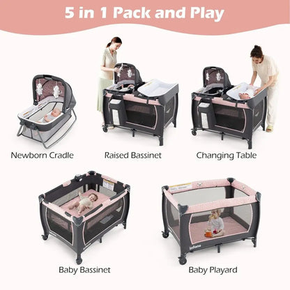 Portable Baby Playard with Bassinet, Changer, Mattress, Storage, and Toys in Pink
