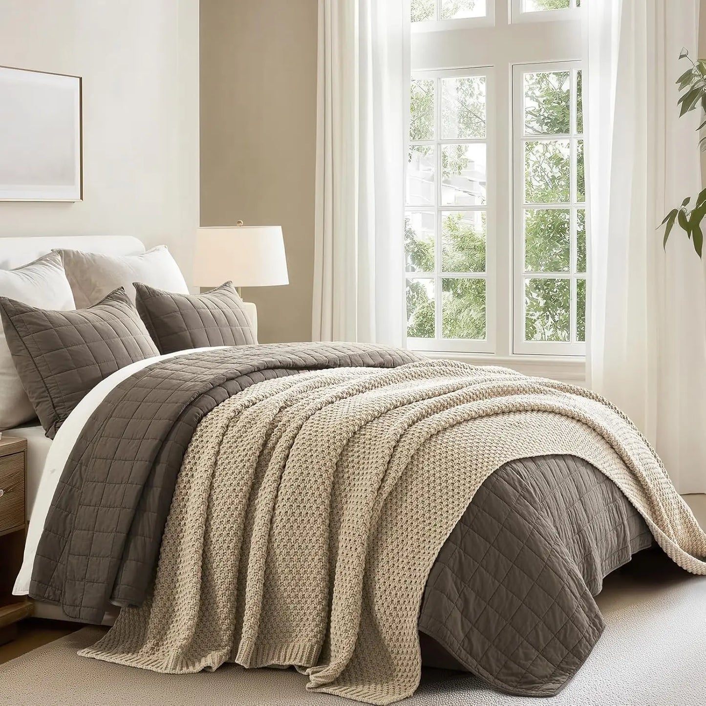 Chunky Chenille Knit Throw Blanket, Soft Oversized King Moss Stitch for Bed Couch Sofa, Sand Dune 92x108