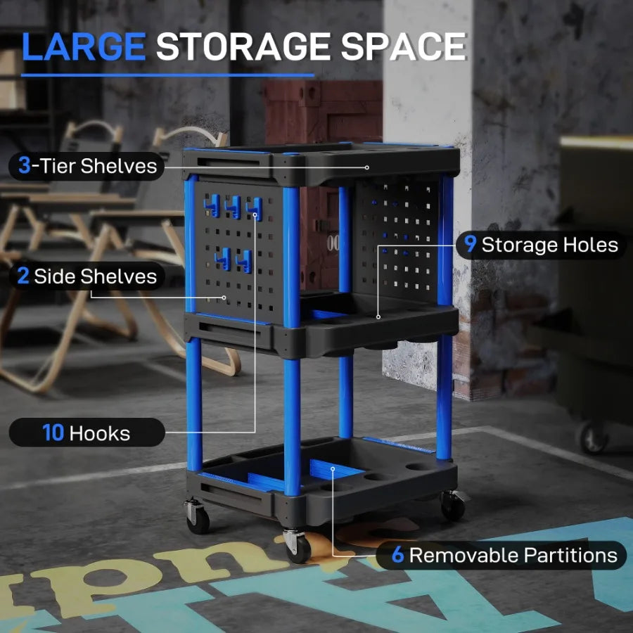 3Tier Rolling Tool Cart 200 LBS Capacity Plastic Utility Cart with Side Shelves for Garage Workshop Black Dark Blue