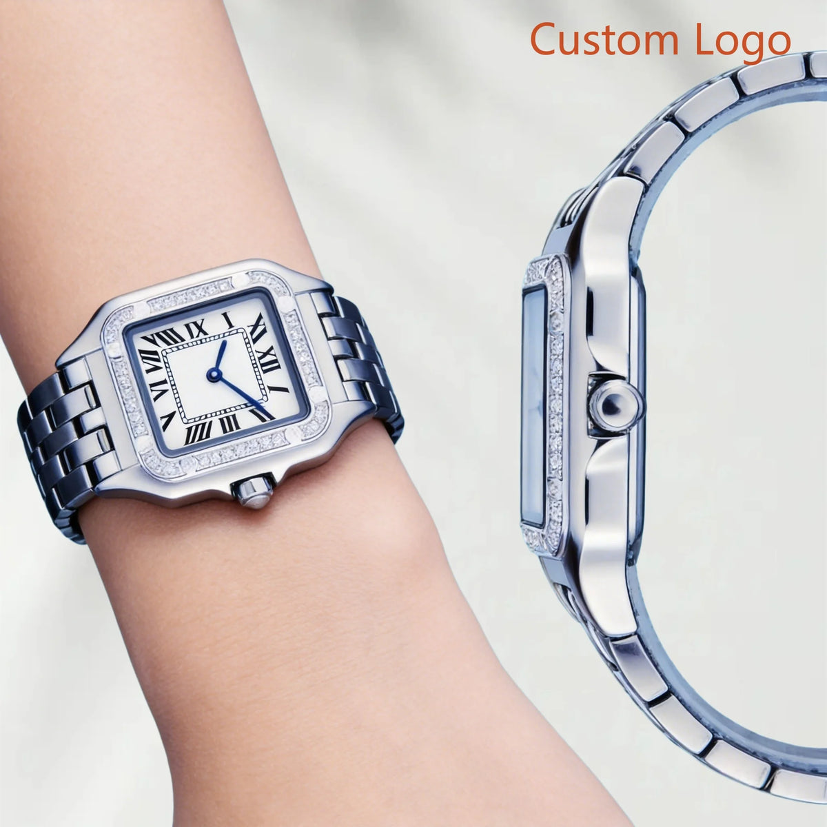 22mm/27mm Vintage Square Tank Style Couple Watches Polished Solid Steel Band White Dial Blue Hands Rhinestone Bezel Fashion Luxury Lovers Pair Customized Watch