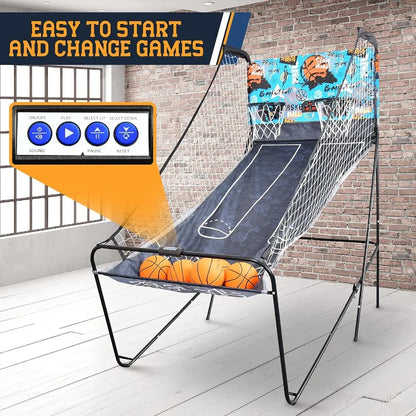 Dual Hoop Basketball Shootout Indoor Home Arcade Room Game with Electronic LED Double Basketball Shot Scoreboard and Play Timer