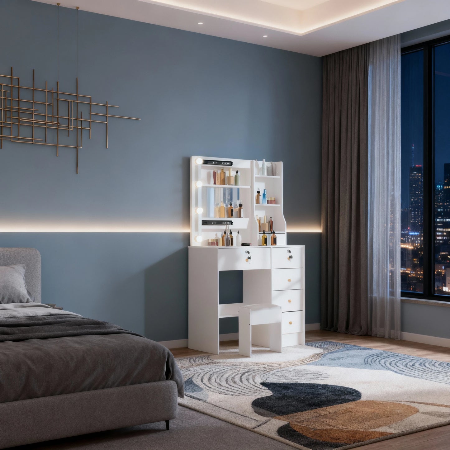 Dressing Table with LED Mirror Bedroom White Makeup Desk Vanity Table Stool Set